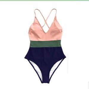 NWT CUPSHE Women's One Piece Swimsuit V Neck Cross Back Color Block Beach  Large